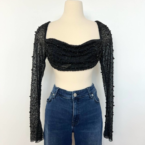 Oh Polly Tops - Oh Polly La Desirade Embellished Cowl Neck Crop Top in Black